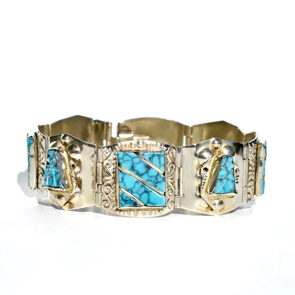 Mexican Vintage 60's Turquoise Links Panel Bracelet
